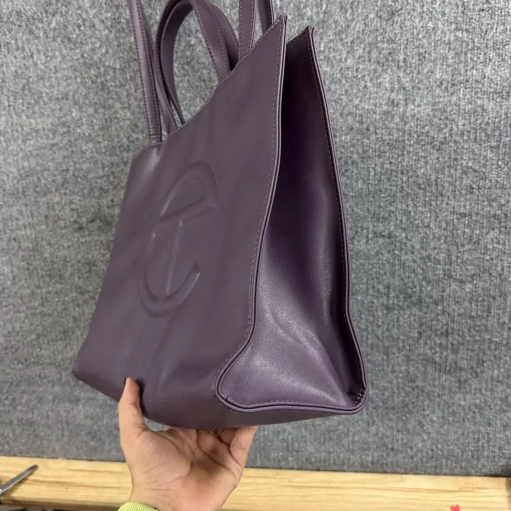 Telfar Medium Eggplant Shopping Tote Bag Purple Faux Leather Logo Crossbody